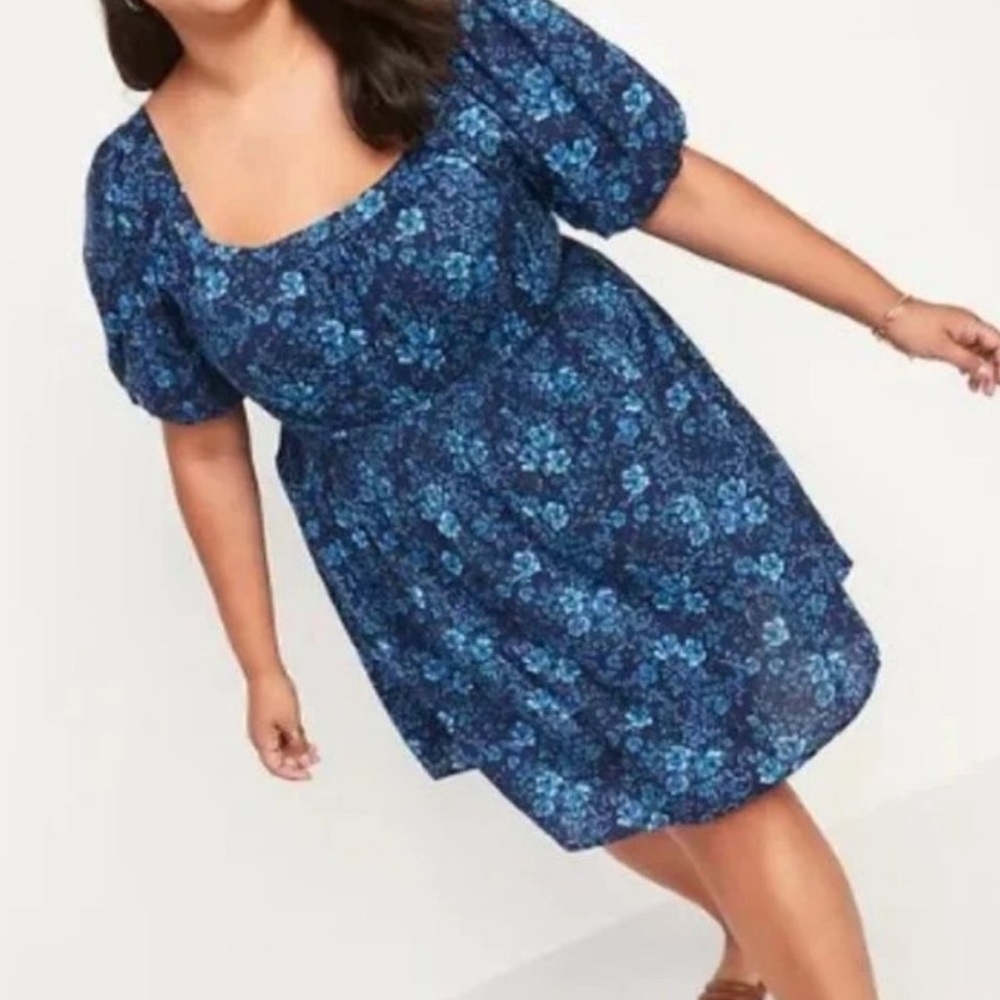 Old Navy Dark Blue Floral Waist Defined Puff Sleeve Mini Dress